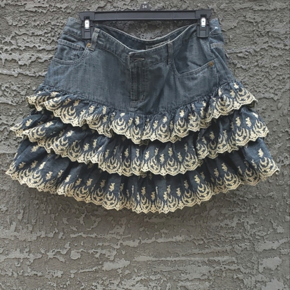 Ralph‎ Lauren Mini Skirt Tiered/Ruffle Embroidery Trim Cotton Fit-Flared